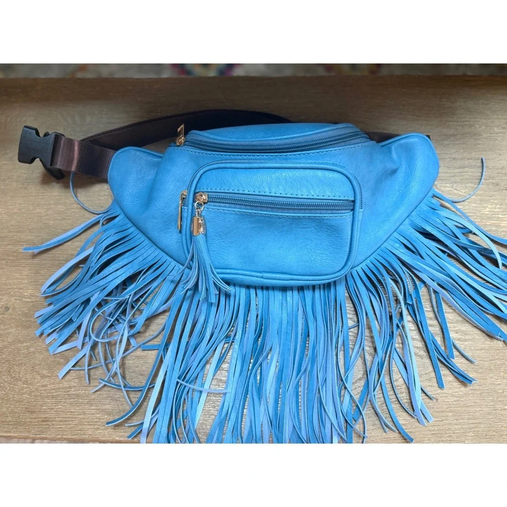 Fringe Tassel Fanny Pack Waist Bag Denim Blue Faux Leather Festival Boho Western - Picture 4 of 8